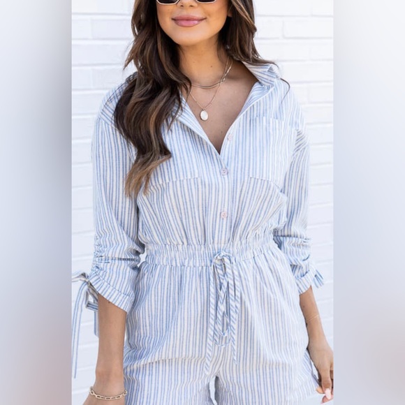 Pink Lily Should’ve Said Blue Stripe Collar Romper - Picture 3 of 15